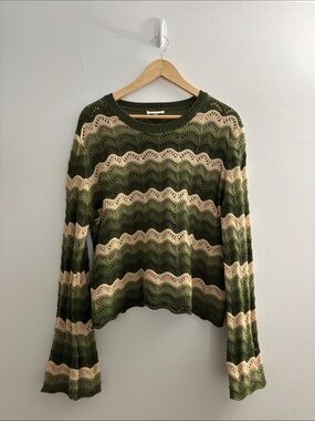 Women’s Olive & Cream Striped Crochet Crew Neck Sweater